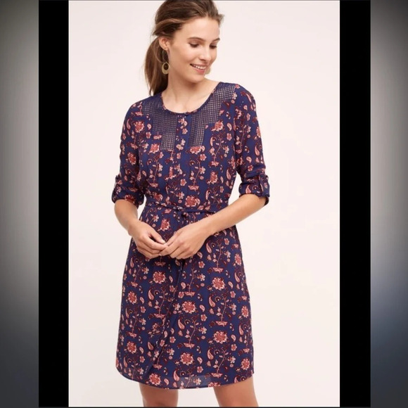 Meadow Rue Anthropologie Navy Blue Floral Tunic Dress, Women’s Size Large - Picture 3 of 10